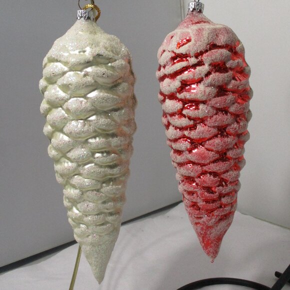 2 Giant Red & Silver Pinecone Pine Cone Christmas Holiday Tree Ornaments - Picture 6 of 6
